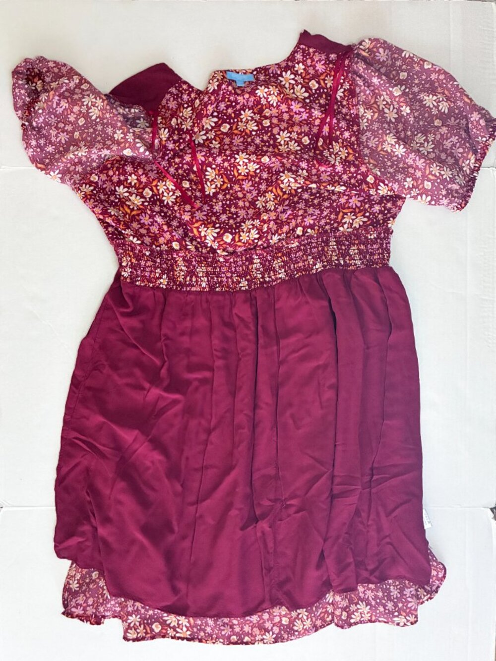 Draper James Floral Puff Sleeve Smocked Waist Faux Wrap Dress - Burgundy - 2X - Picture 8 of 8